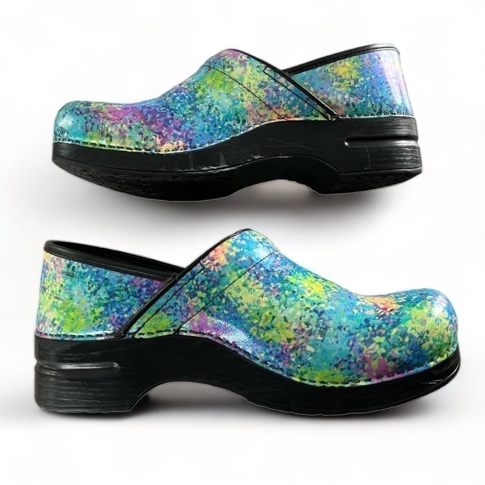Dansko Teal Purple Pink Green Yellow Speckled Leather Clogs Size 11.5 - Picture 4 of 17